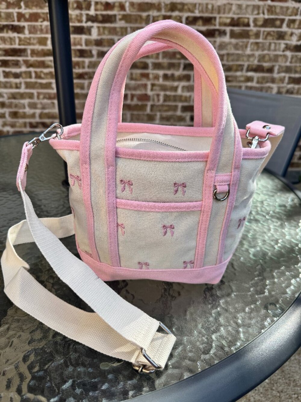 Pink Canvas Mini Tote with Bow Embroidery